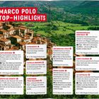 Text: "MARCO POLO TOP-HIGHLIGHTS." Hintergrund: Stadtbild mit alten Gebäuden und grüner Landschaft.