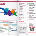 "Inhalt" Titel. Farbkodierte Karte von Georgien mit Abschnitten: Schwarzmeerküste, Nordwesten, Zentralgeorgien, Heerstraße, Osten, Tbilisi.