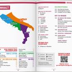 INHALT. Karte von Italien in bunten Regionen. Links Kapitelüberschriften mit Seitenzahlen, rechts mehr Inhalte und QR-Code.