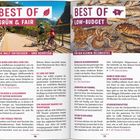 Links: "BEST OF GRÜN & FAIR", rechts: "BEST OF LOW-BUDGET". Zwei Spalten Text, Bilder mit Radfahrern und Mosaik.