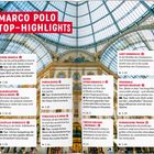 Text: MARCO POLO TOP-HIGHLIGHTS.  
Seitenangaben: S. 40, S. 32, S. 38, S. 43, S. 39, S. 46.  
Illustration: Glasgewölbe einer Passage.
