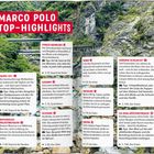 Marco Polo Top-Highlights: Beschriebene Sehenswürdigkeiten in Taiwan vor einer üppigen Landschaft mit Felsen und Vegetation.