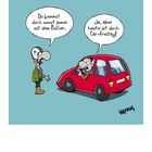 Zwei Figuren: "Du kommst doch sonst immer mit dem Roller." "Ja, aber heute ist doch Car-Freitag!" Kalender: Freitag, 26. März.