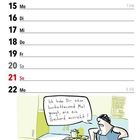 Februar 2027 Kalender mit Illustration: Eine Person im Ofen, daneben eine Frau mit Sprechblase.