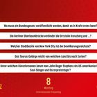 1. Wo muss ein Bundesgesetz veröffentlicht werden, damit es in Kraft treten kann?
2. Die Berliner Oberbaumbrücke verbindet die Ortsteile Kreuzberg und ...?
3. Welcher Stadtbezirk von New York City ist der bevölkerungsreichste?
4. Das Taurus-Gebirge reicht von welchem Land bis nach Syrien?
5. Unter welchem Künstlernamen kennt man John Roger Stephens als US-amerikanischen Soul-Sänger und Oscarpreisträger?
MÄRZ Woche 10 Montag 8 Internationaler Frauentag