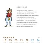 Text über Kolumbus' Rückkehr und Entdeckung. Humorvolle Illustration eines Mannes mit Bart, Hut und historischer Kleidung. Darunter ein Kalender: Januar 18-24.