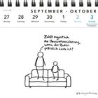 Kalender zeigt Ende September, Anfang Oktober. Cartoon zeigt zwei Strichmännchen auf einem Sofa.