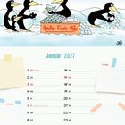 Kalenderblatt Januar 2027, Illustration von Pinguinen mit Fisch. Texte: „Heute: Fisch-Mäc“, „UND MORGEN?“ „AUCH FISCH-MÄC!“.