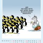 Ein Arztkater fragt Pinguine: "Wer von Ihnen hatte mich wegen seiner Blasenschwäche angerufen?" Darunter ein Januar-Kalenderblatt.