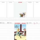 Notizen, Dezember Januar, und? Lecker, dein Tintenfisch? Illustration: Maus mit Stiften und Comic von Paar beim Abendessen.