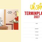 Links: Karikatur mit Katze am Wasserglas, Sprechblasen: "Ich hab mir die Pfote verbrannt..." und "...bei drei ist dein Arm da raus!!". Rechts: "Terminplaner 2027" mit Feldern für persönliche Daten.