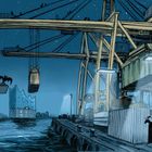 Eine nächtliche Hafenszene mit großen Kränen, einem Mann im Umhang und fliegenden Koffern vor einer beleuchteten Skyline.