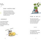 Texte: "DER FRÜHLING", "DER HERBST", "VON A BIS E". Illustrationen: Ein sitzender, singender Hund, eine Katze und ein Paar auf einer Bank.