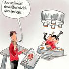 Sprechblase: "Aus- und wieder einschalten habe ich schon probiert." Ein Mann in Rot bedient ein Kontrollpult, daneben Verwirrung.