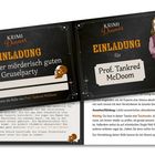 Text: Einladung zu meiner mörderisch guten Gruselparty; Wann:; Wo:; Prof. Tankred McDoom.  
Illustration zeigt einen Mann mit Schal.