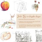 "Jeden Tag ein bisschen besser. Zeichnen lernen für Erwachsene." Skizzen von Apfel, Blume, Croissant. Malutensilien.