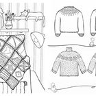 Seite 6: Patchwork-Decke auf Sessel, Katze auf Regal.  
Seite 7: Vier Pullover-Illustrationen mit nordischem Muster, Wollknäuel.