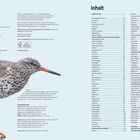 Links Infos zum Verlag und Impressum, rechts "Inhalt" mit Kapitelnamen, Vogelarten und Seitenzahlen. Ein Vogel abgebildet.