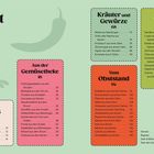 Inhalt, Anbau-Basics, Aus der Gemüsetheke, Kräuter und Gewürze, Vom Obststand, Aus dem Vorrat. Farbige Kästen und Pflanzenmotive.