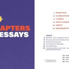 Text gelb markiert: "CHAPTERS & ESSAYS". Rechter Abschnitt: Kapitel, Essays, Seitenzahlen. Dunkelblauer Hintergrund.