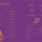 Textübersicht einer Inhaltsangabe mit Themen rund um Ayurveda und Menüpläne. Lila Hintergrund, orangefarbene Schrift.