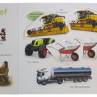 Text über landwirtschaftliche Maschinen wie Traktor, Mähdrescher, Anhänger, Schubkarre und Milchtankwagen.