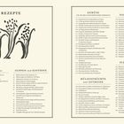 Rezeptübersicht mit Kategorien: Snacks, Suppen, Gemüse, Hülsenfrüchte, Pasta, Fleisch. Illustrationen von Pflanzen.