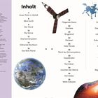 Text: Inhalt, Listeneinträge über Weltraumthemen. Illustration: Satellit, Sternbilder, Erde, Schwarzes Loch.