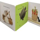 "Erstes Lernen", "Haustiere", "die Katze", "die Meerschweinchen", "die Schildkröte", "die Maus", "die Fische". Illustrationen von Tieren in einem aufklappbaren Kinderbuch.