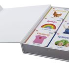 Box mit Bildkarten: Titel "Bauernhof", "Essen und Trinken", "Fahrzeuge". Bilder von Huhn, Banane, LKW.