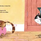 Tiger ist nicht die größte Katze. Illustration von drei neugierigen Katzen an einer Tür und Tiger, der mit rosa Wolle spielt.