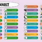 In der Mitte steht "INHALT". Es folgt eine Liste mit nummerierten Fragen zu Wissenschaft und Natur, begleitet von bunten Symbolen.
