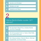 1. Beliebteste Vornamen 1977: Sandra und Christian, Daniela und Jan, Susanne und Oliver.  
2. Berühmtheiten 1977: Prinz, Taylor, Bloom.