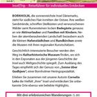 "Insel|Trip – Reiseführer für individuelles Entdecken. Bornholm bietet weißen Sandstrand, Steilküsten, Wälder; ideal für Badegäste, Aktivurlauber, Familien. Highlights: Kulturhistorisches Museum, lokale Küche. Mit drei Wanderungen. Praktische Web-App. Karte von Bornholm oben links; Leuchtturm mit Haus daneben rechts. Blau-weißer Himmel."