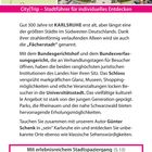 "CityTrip – Stadtführer für individuelles Entdecken. Gut 300 Jahre ist KARLSRUHE erst alt...". Karte, Luftaufnahme, Text.