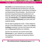 "CityTrip – Stadtführer für individuelles Entdecken. HELSINKI boomt! Breite Boulevards und enge Hinterhöfe." 

"Mit erlebnisreichem Stadtspaziergang (S. 13). Praktische Web-App (S. 142)." Oben sind eine Karte und ein Küstenbild zu sehen.