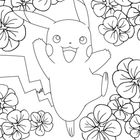 "Pikachu" in großen Buchstaben unten. Illustration eines freudigen Pikachu umgeben von vielen großen Blumen.