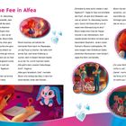 „Eine neue Fee in Alfea“ steht in großer, pinker Schrift. Das Bild zeigt eine rote Haarfigur mit Tagebuch. Farbige Illustrationen.