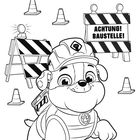 „Womit sichert Rubble die Baustelle?“ und „ACHTUNG! BAUSTELLE!“ stehen über und auf einem Schild. Ein fröhlicher Hund mit Bauhelm.