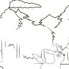 Text: Nachtara streift nachts durch den Wald. Male das Bild an und entdecke, welche Pokémon es dabei trifft. Illustration eines Waldes mit einem Pokémon.