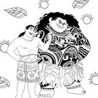 "Nimm deine Buntstifte und bringe Mauis größten Fan zum Vorschein!" Zwei lächelnde Figuren in traditionellen Outfits.