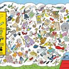 Texte: "Snoopy schreibt...", "Detektiv-Abzeichen", "Grüne Taschenlampe", "Handschellen", "Grüner Handschuh", etc. Illustration von Snoopy, der an einer Schreibmaschine tippt, umgeben von vielen kleinen Illustrationen wie Hüten, Masken, einem Detektiv-Abzeichen, einem Fernglas und vielem mehr.
