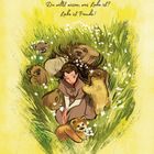 „Du willst wissen, was Liebe ist? Liebe ist Freude!“ Illustration: Frau sitzt mit Bärenkindern in blühender Wiese.