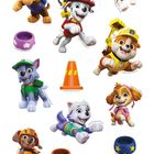 Illustration von fröhlichen Cartoon-Hunden in Uniformen und bunten Futternäpfen.