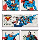 Superman-Illustrationen mit Text: "Superman", "Est. 1938", "Metropolis". Szenen des fliegenden Superman.