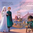 Texte: "Schneekönigin Elsa... Polarlichter leuchten... weinenden Jungen." Illustration mit Elsa, Anna, Hafen, Schiff, weinendem Junge.