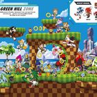 "Green Hill Zone. Willkommen im Paradies, Abenteuer! Gesucht werden: Sonic, Knuckles. Bunte Cartoon-Szene mit Charakteren."