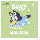 "BLUEY MALSPASS." Illustration eines blauen Hundes mit Filzstift, umgeben von Blümchen.