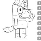 Text: Nummern 1-10 und Wort "BLUEY".  
Illustration eines fröhlichen Hundes, der winkt.