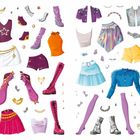 Bekleidung und Accessoires in bunten Farben, darunter Oberteile, Röcke, Hosen, Stiefel, Schmuck und Gürtel in stilisierter Illustration.